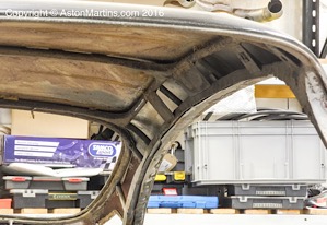 The superlegggera construction clearly visible in the roof of this stripped down DB5